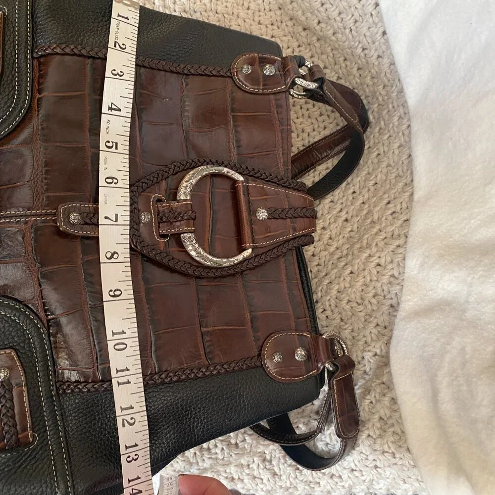 Brighton Croc Embossed Leather Tote Brown & Black Braided Detail - Picture 4 of 16